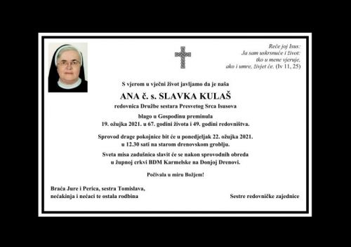 Preminula s. Slavka (Ana) Kulaš