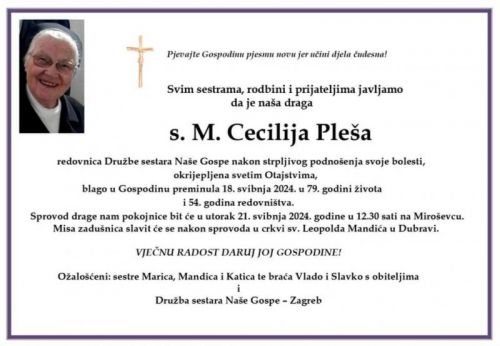 Preminula s. Cecilija (Dragica) Pleša