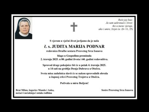 Gospićko-senjska biskupija - Preminula časna sestra Judita Marija Podnar