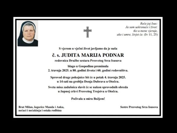 Preminula časna sestra Judita Marija Podnar