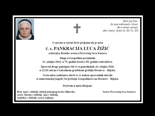 Preminula je č. s. Pankracija Luca Žižić, redovnica Družbe sestara Presvetog Srca Isusova