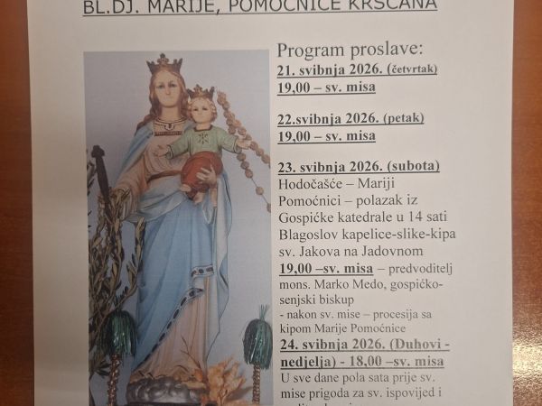 Proslava Blažene Djevice Marije Pomoćnice kršćana na Jadovnu