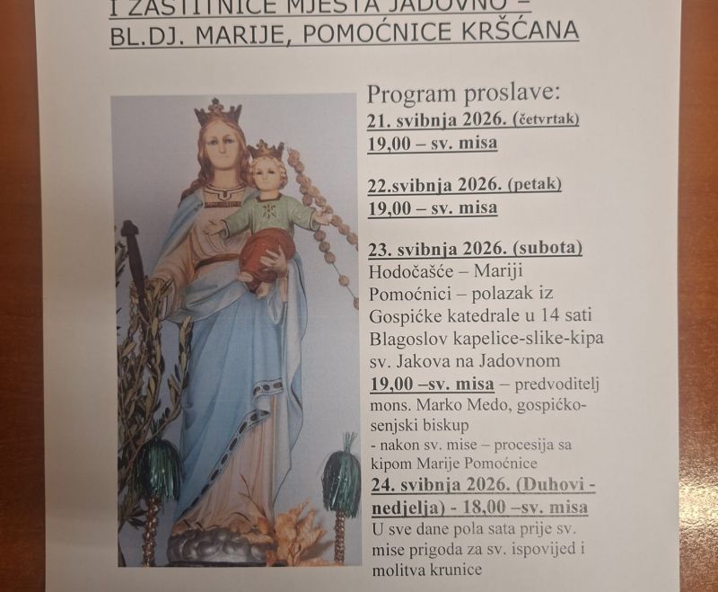 Proslava Blažene Djevice Marije Pomoćnice kršćana na Jadovnu Proslava Blažene Djevice Marije Pomoćnice kršćana na Jadovnu