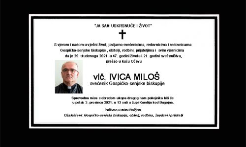 Gospićko-senjska biskupija - Obavijest o sprovodu vlč. Ivice Miloša